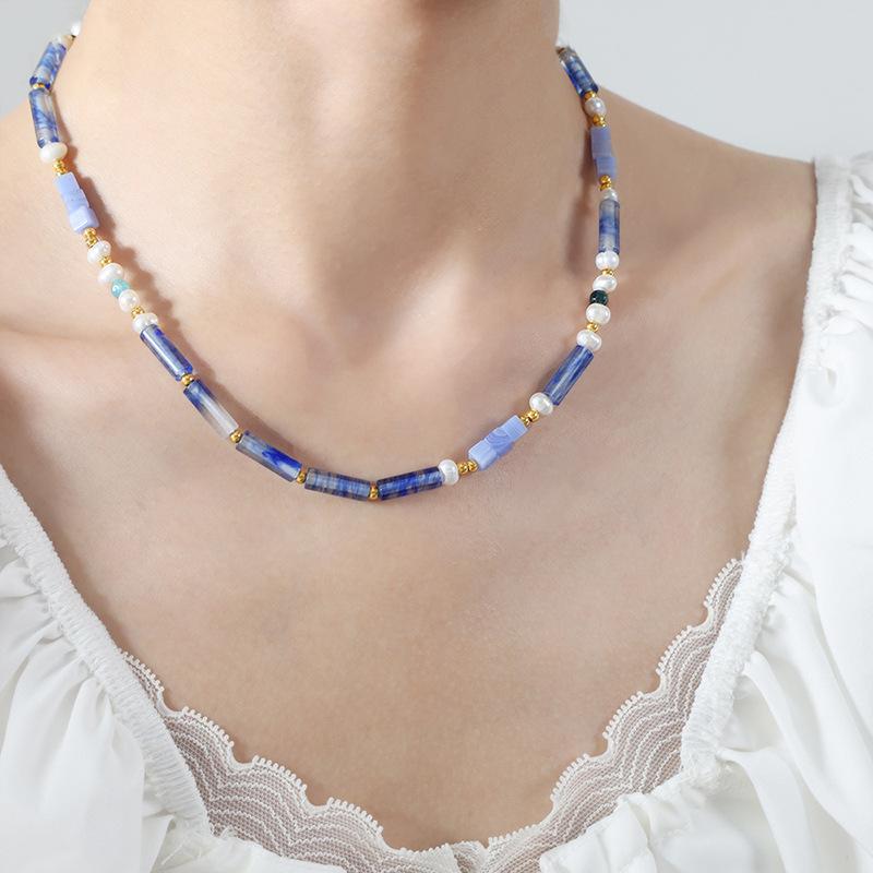 Luxury Palace Style Natural Blue Chalcedony Handmade Beaded Freshwater Pearl Necklace