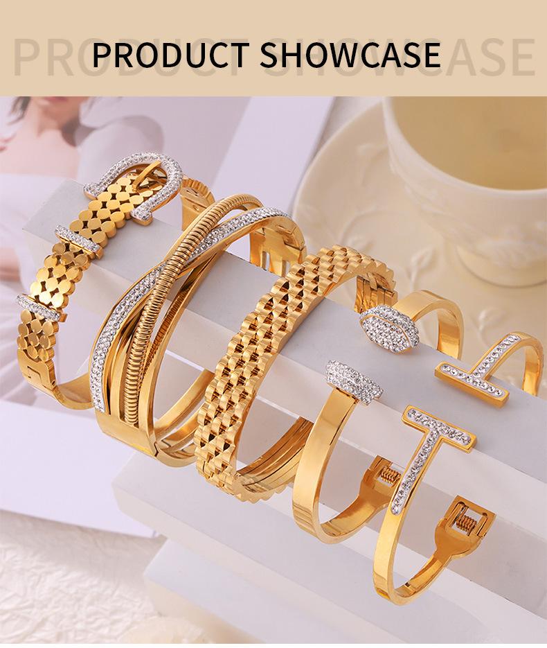 High-grade Jewelry Geometric Diamond Design Titanium Steel Gold-plated All-match Bracelet