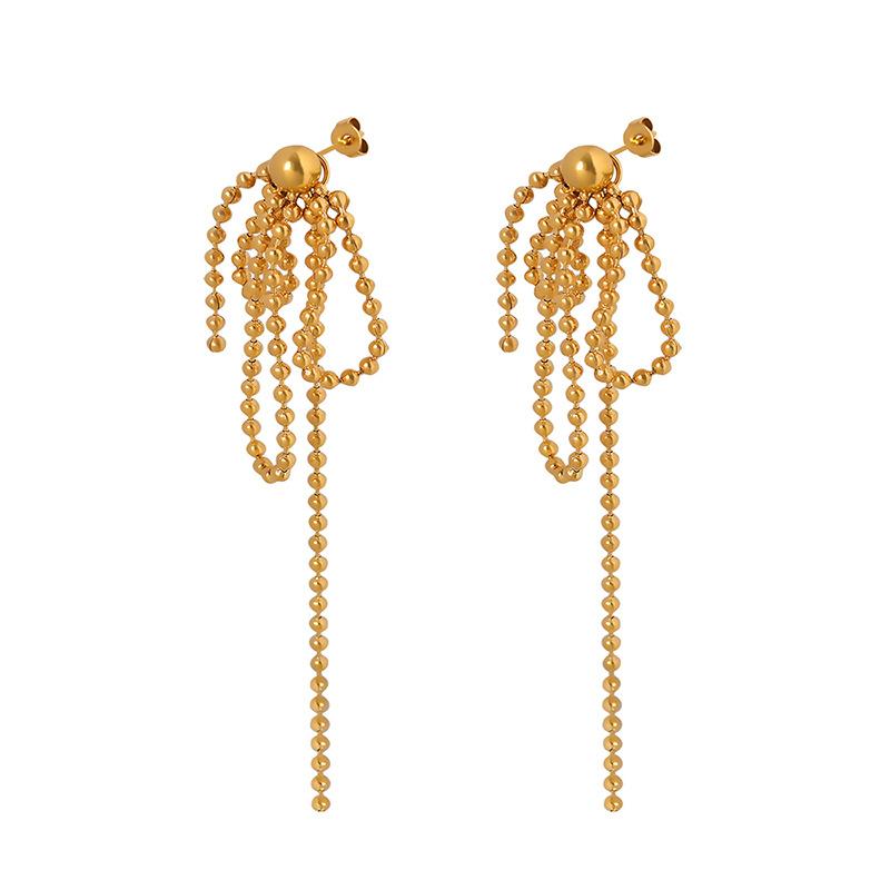 Chain Earrings Titanium Steel Gold Plated Chain Beads Tassel Pendant Stud Earrings