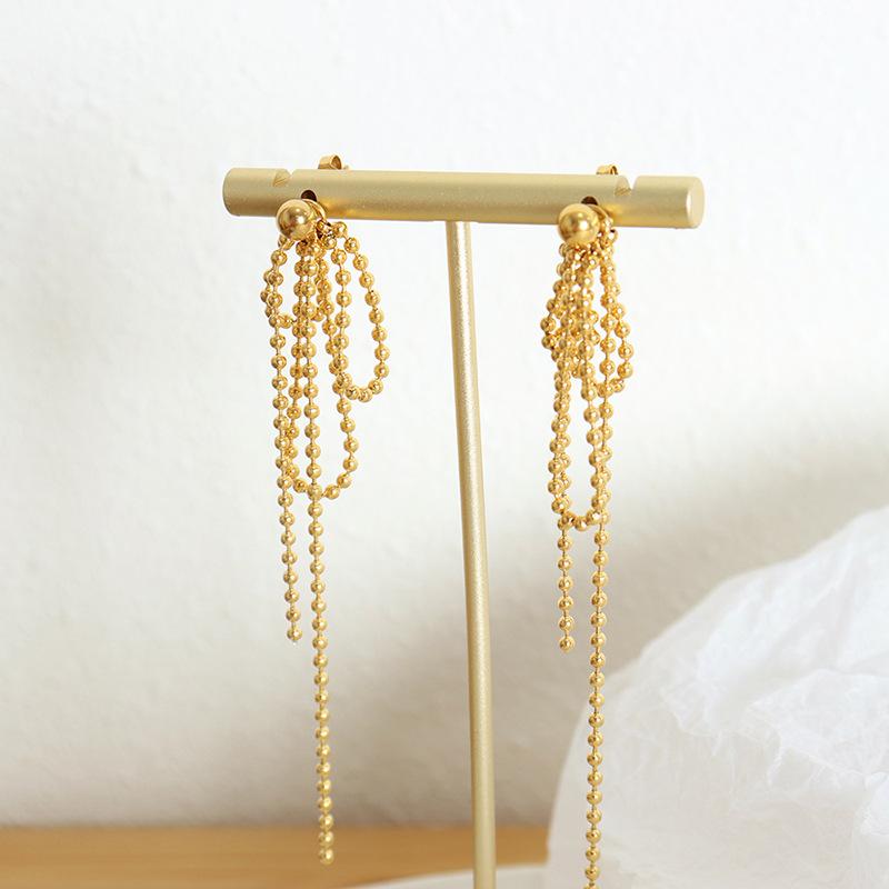 Chain Earrings Titanium Steel Gold Plated Chain Beads Tassel Pendant Stud Earrings