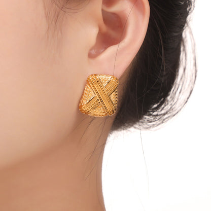 Multi-layer Line Texture Stitching Design Sense Titanium Steel Plated 18k Gold Earrings