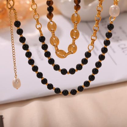 Fashion Retro Court Style Titanium Steel Gold Plated Natural Tiger Eye Freshwater Pearl Handmade Beaded Necklace