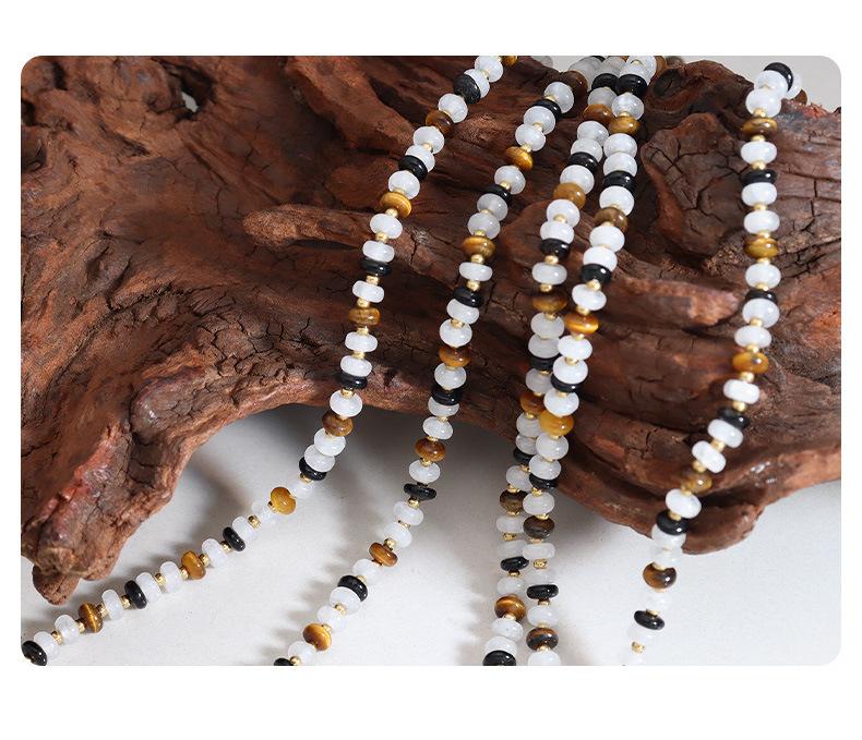 Natural White Jade Tiger Eye Handmade Beaded Black Agate Necklace