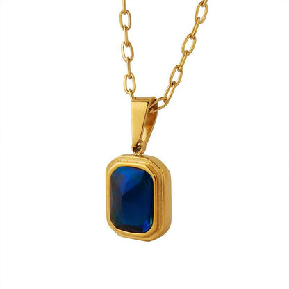 Titanium Steel Plated 18K True Gold Light Luxury Inlaid Blue Crystal Pendant Necklace Handmade Clavicle Chain