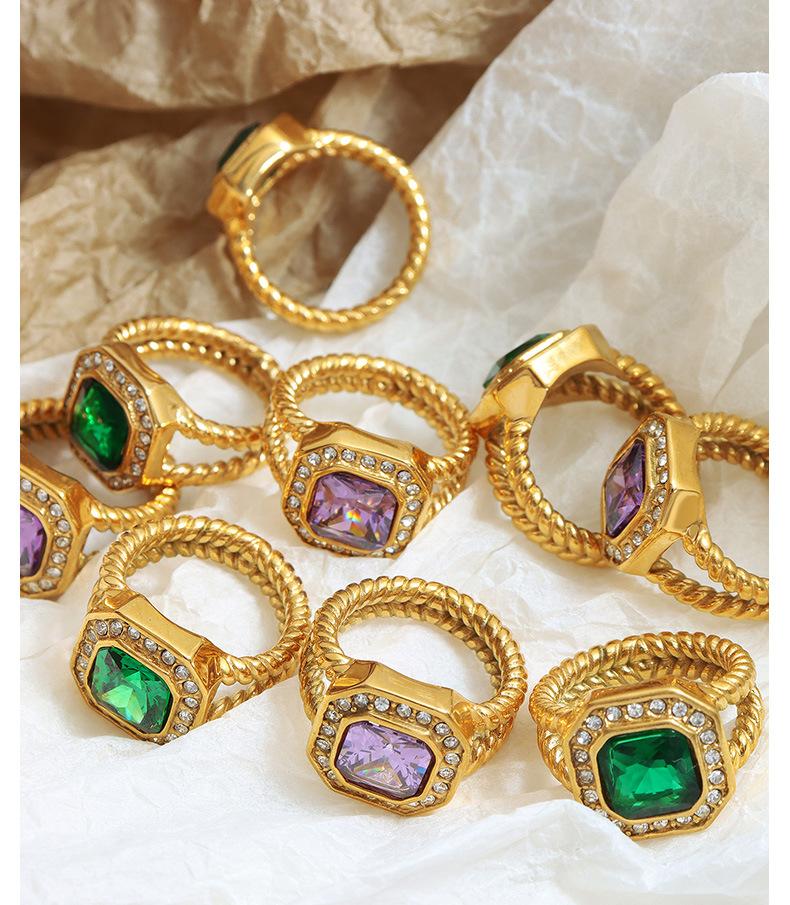 Fashion Personality Ring With Geometric Purple Zircon Green Crystal Stone Jewelry Gold Plated