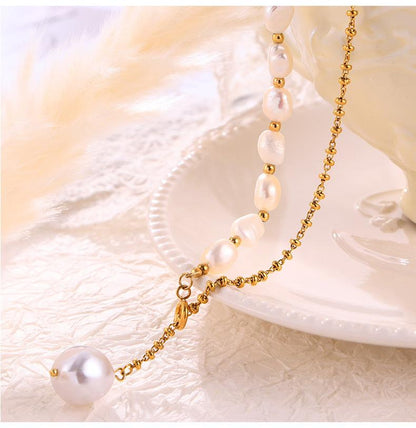 French Elegant Temperament Gentle Jewelry Freshwater Pearl Pendant Titanium Steel Necklace Pull Buckle Design Clavicle Chain