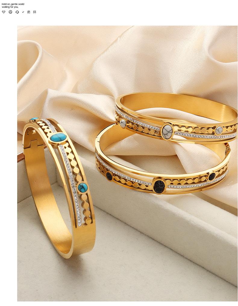 Palace Style Fashion Personality Hollow Titanium Steel Gold Plated Diamond Inlaid Turquoise Bracelet