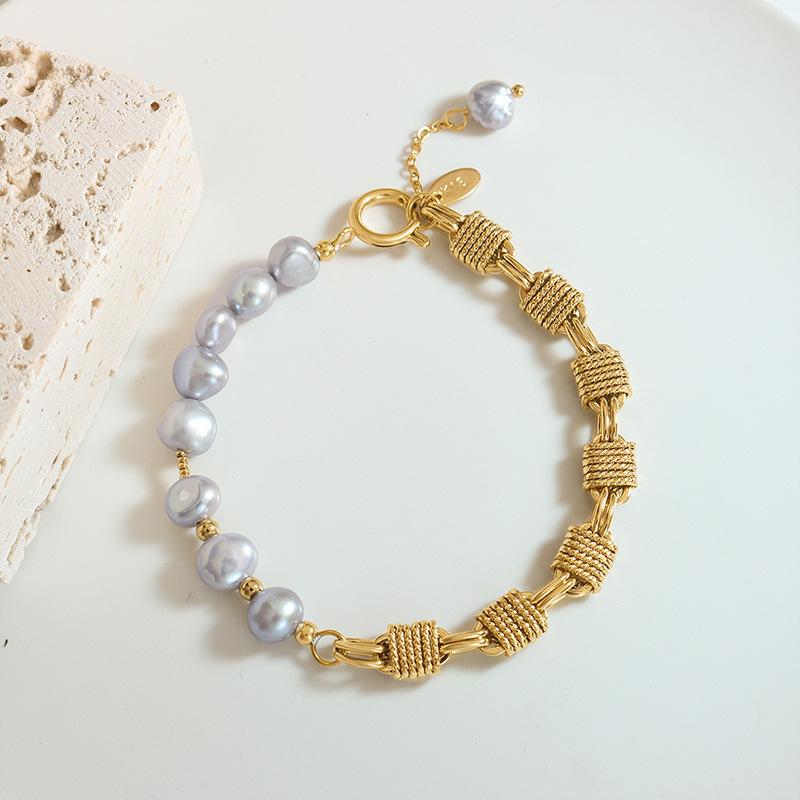 Gold Chain With Gray Freshwater Pearl Bracelet