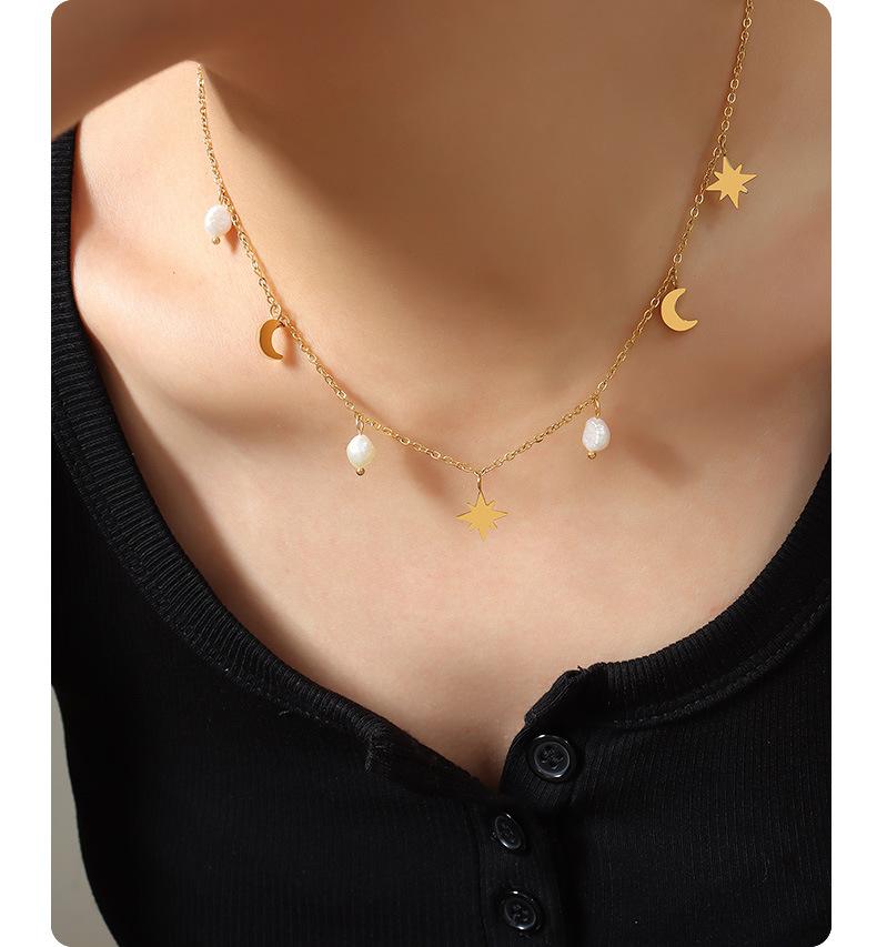 Star Moon Natural Freshwater Pearl Tassel Collarbone Necklace