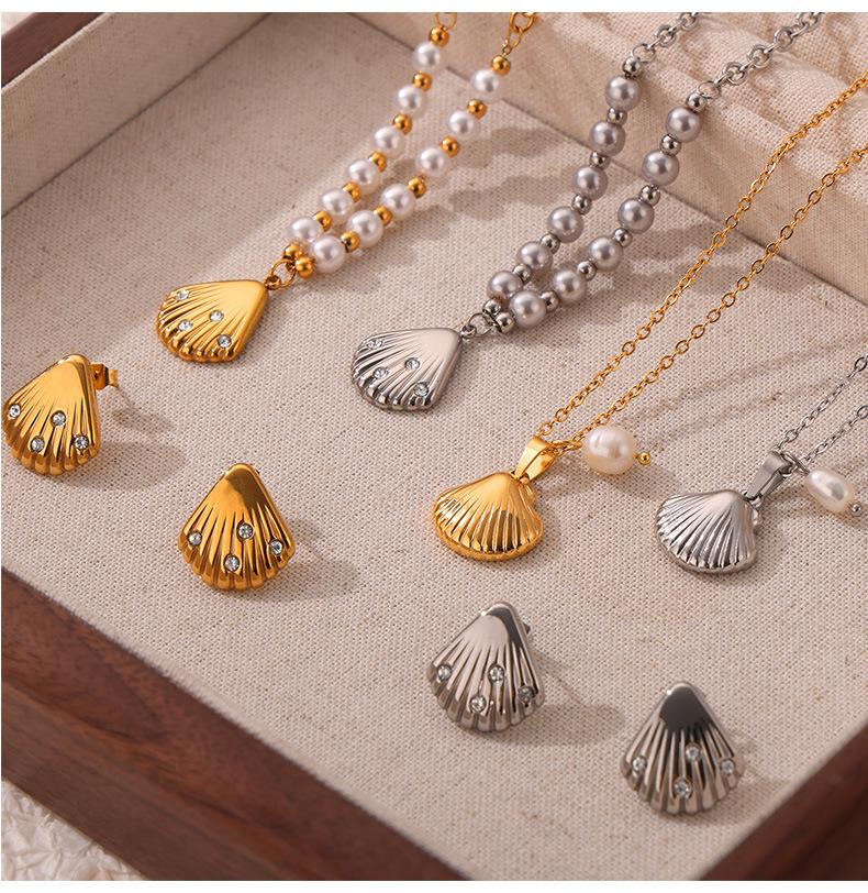 Diamond Shell Shape Design Sense Pendant Freshwater Pearl Titanium Steel Jewelry Set