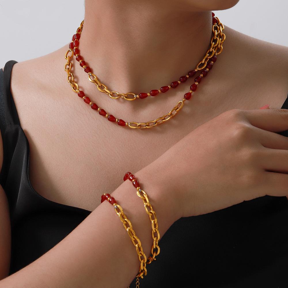 Elegant Jewelry Red Agate Garnet Beaded Design Sense Titanium Steel Gold Plated Jewelry Set