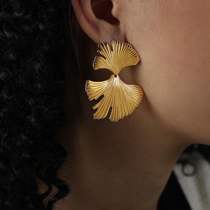 Light Luxury Vintage Fresh All-match Titanium Steel Gold Plated Ginkgo Leaf Earrings