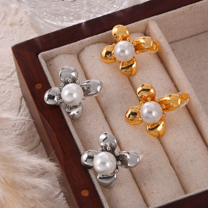 Geometric Jewelry Flower Shape Inlaid Imitation Pearl Design Sense Titanium Steel Gold Plated Earrings