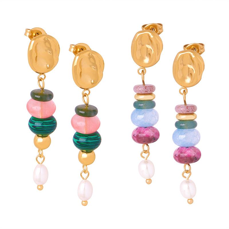 Vintage Light Luxury Natural Stone Handmade Beaded Long Freshwater Pearl Pendant Earrings