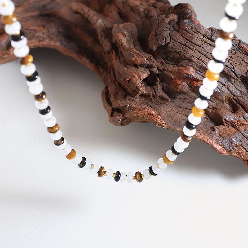 Natural White Jade Tiger Eye Handmade Beaded Black Agate Necklace