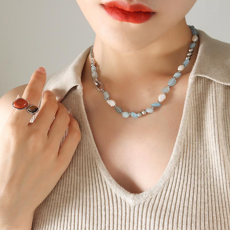 Light Luxury Fashionable Mix And Match Freshwater Pearl Blue Natural Stone Chain Distinctive Necklace