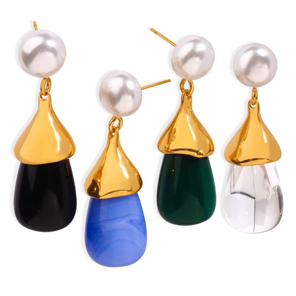 Niche Design Sense Titanium Steel Gold Plated Water Drop Resin Pendant Earrings