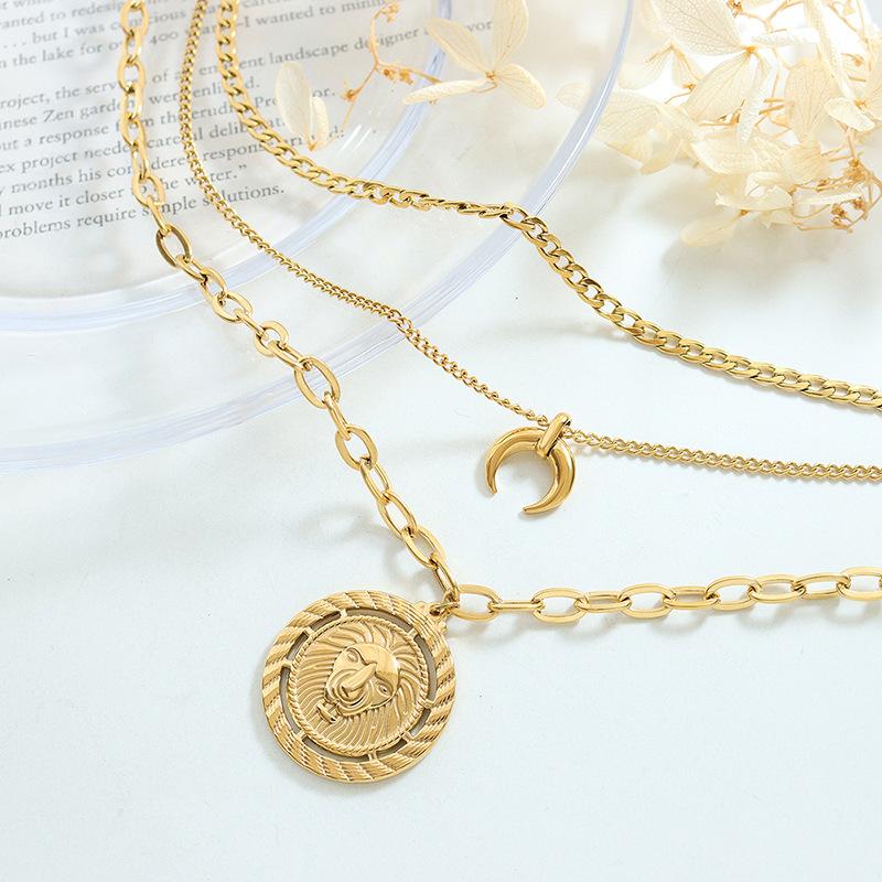 Three Layer Stacked Necklace Moon Lion Round Pendant Clavicle Chain Titanium Steel Plated 18K Gold