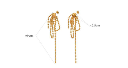 Chain Earrings Titanium Steel Gold Plated Chain Beads Tassel Pendant Stud Earrings