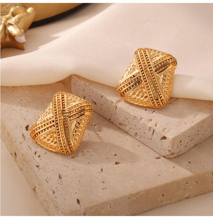 Multi-layer Line Texture Stitching Design Sense Titanium Steel Plated 18k Gold Earrings