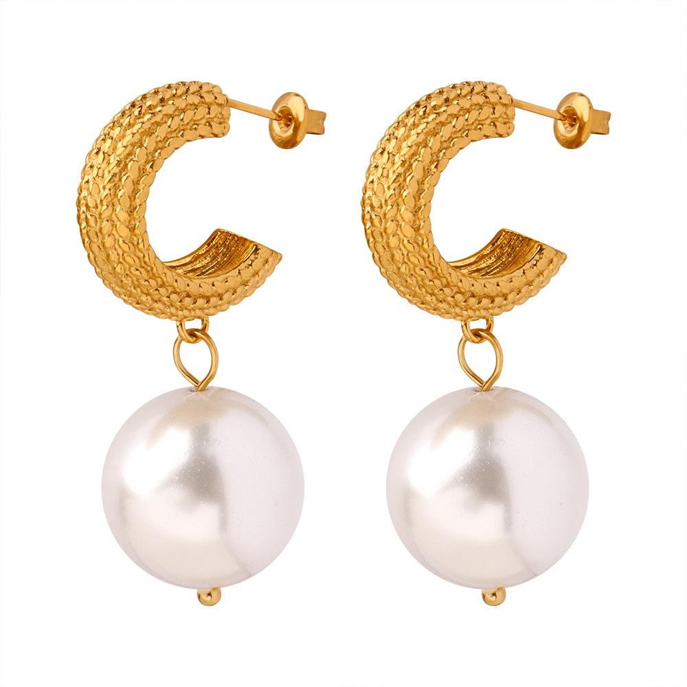 Light Luxury Personalized Retro Titanium Steel Gold Plated Imitation Pearl Pendant Earrings