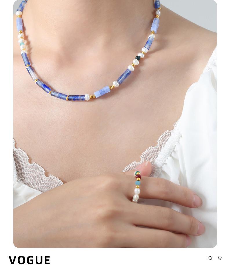 Luxury Palace Style Natural Blue Chalcedony Handmade Beaded Freshwater Pearl Necklace