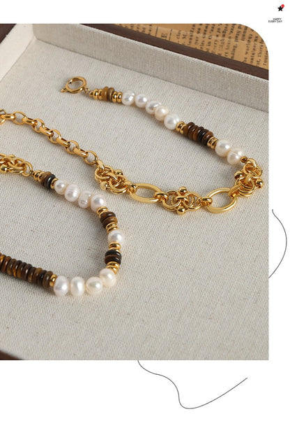 Light Luxury Vintage Natural Tiger Eye Freshwater Pearl Handmade Beaded Necklace Bracelet