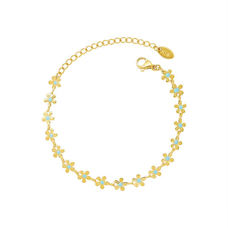 Small Fresh 18k Gold Plated Flower Blue Drop Necklace Bracelet