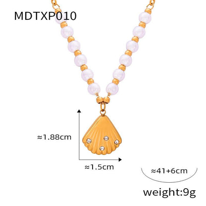 Diamond Shell Shape Design Sense Pendant Freshwater Pearl Titanium Steel Jewelry Set