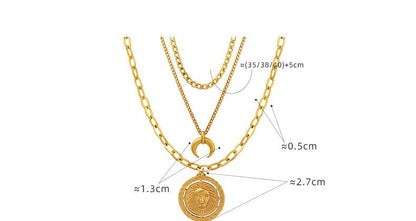 Three Layer Stacked Necklace Moon Lion Round Pendant Clavicle Chain Titanium Steel Plated 18K Gold