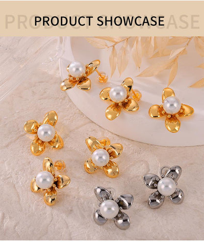 Geometric Jewelry Flower Shape Inlaid Imitation Pearl Design Sense Titanium Steel Gold Plated Earrings