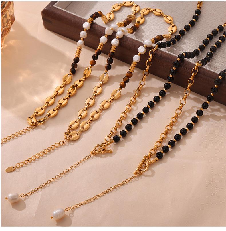 Fashion Retro Court Style Titanium Steel Gold Plated Natural Tiger Eye Freshwater Pearl Handmade Beaded Necklace