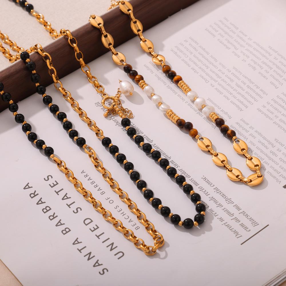 Fashion Retro Court Style Titanium Steel Gold Plated Natural Tiger Eye Freshwater Pearl Handmade Beaded Necklace