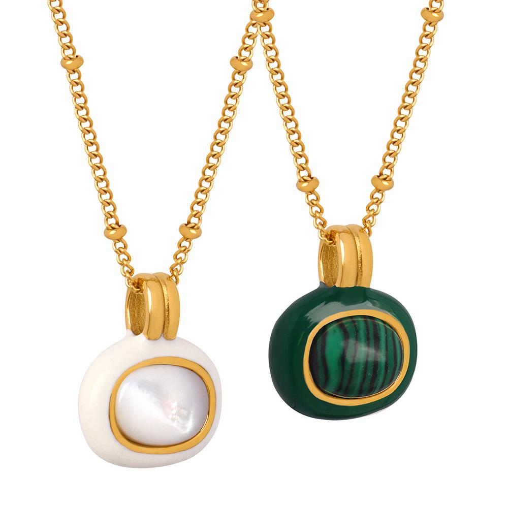 Vintage Personalized Titanium Steel Gold Plated Glazed White Shell Malachite Pendant Necklace