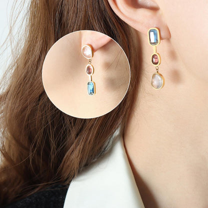 Personalized Design Titanium Steel Non-fading Earrings Asymmetric Inlaid Spar Color Earrings