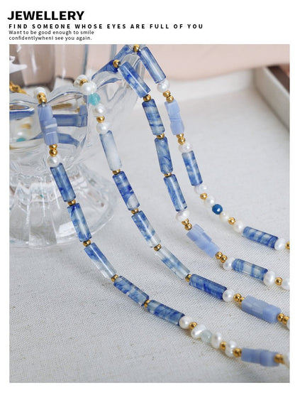 Luxury Palace Style Natural Blue Chalcedony Handmade Beaded Freshwater Pearl Necklace