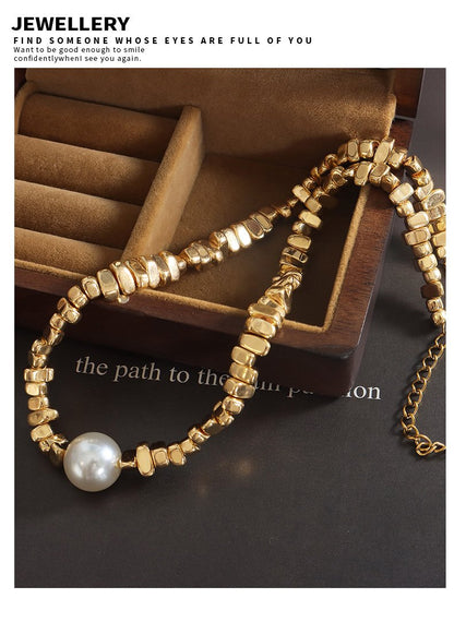 Vintage Light Luxury Simple Irregular Imitation Pearl Gold Plated Necklace