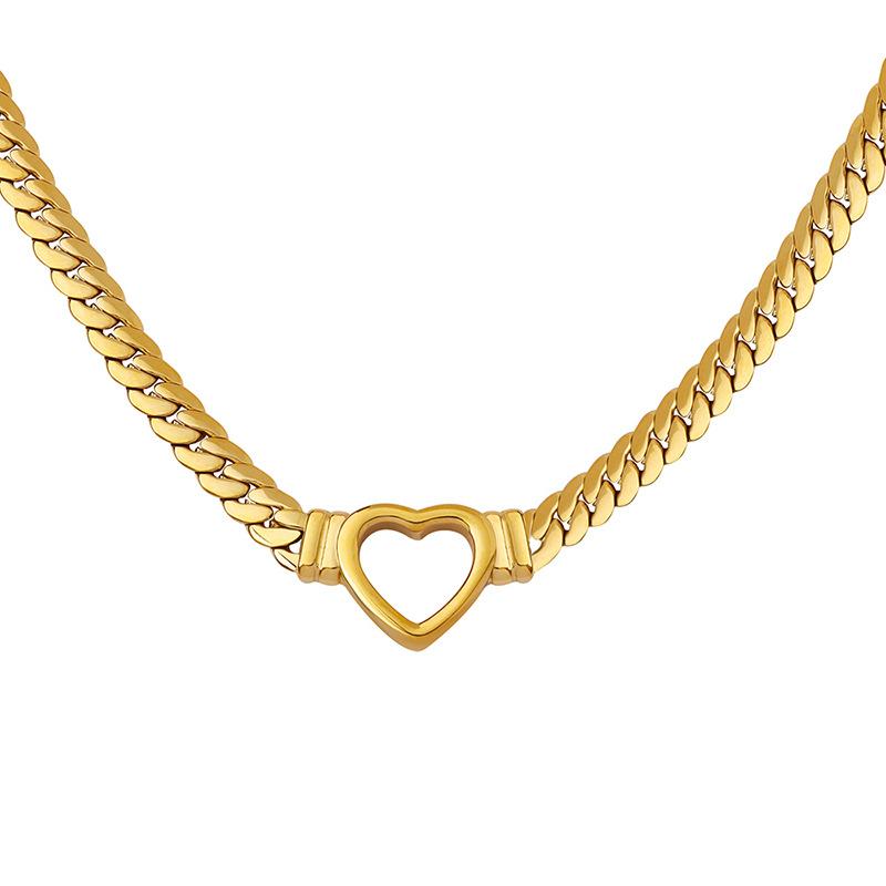 Hip Hop Personality Punk Trend Exaggerated Cuban Chain Heart Ring Necklace Titanium Steel Plated 18K Gold