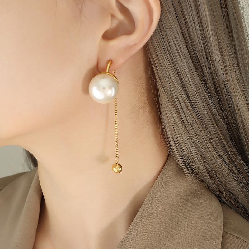 Exaggerated Design Fashion Personality Imitation Pearl White Grey Tassel Earrings Gold Plated Chain Steel Ball Pendant