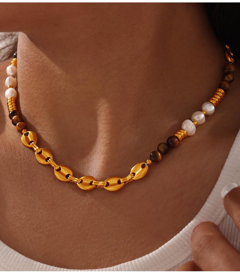 Fashion Retro Court Style Titanium Steel Gold Plated Natural Tiger Eye Freshwater Pearl Handmade Beaded Necklace