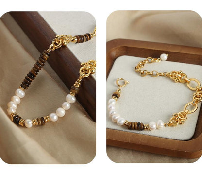 Light Luxury Vintage Natural Tiger Eye Freshwater Pearl Handmade Beaded Necklace Bracelet