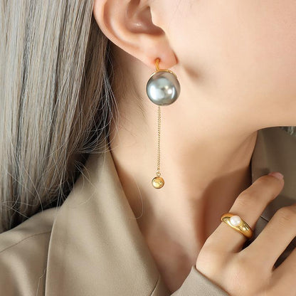 Exaggerated Design Fashion Personality Imitation Pearl White Grey Tassel Earrings Gold Plated Chain Steel Ball Pendant