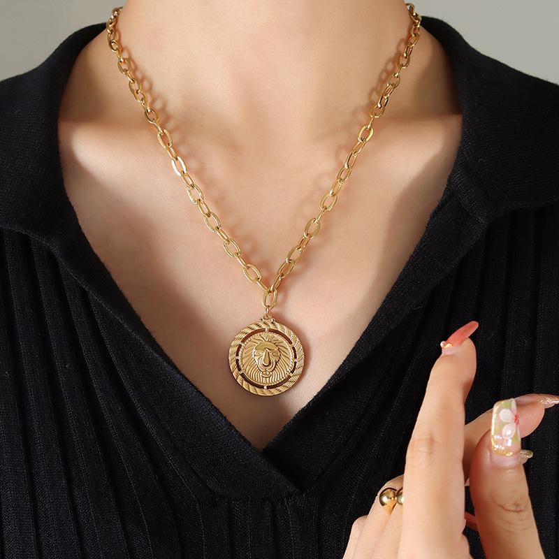 Three Layer Stacked Necklace Moon Lion Round Pendant Clavicle Chain Titanium Steel Plated 18K Gold