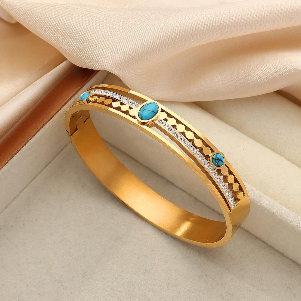 Palace Style Fashion Personality Hollow Titanium Steel Gold Plated Diamond Inlaid Turquoise Bracelet