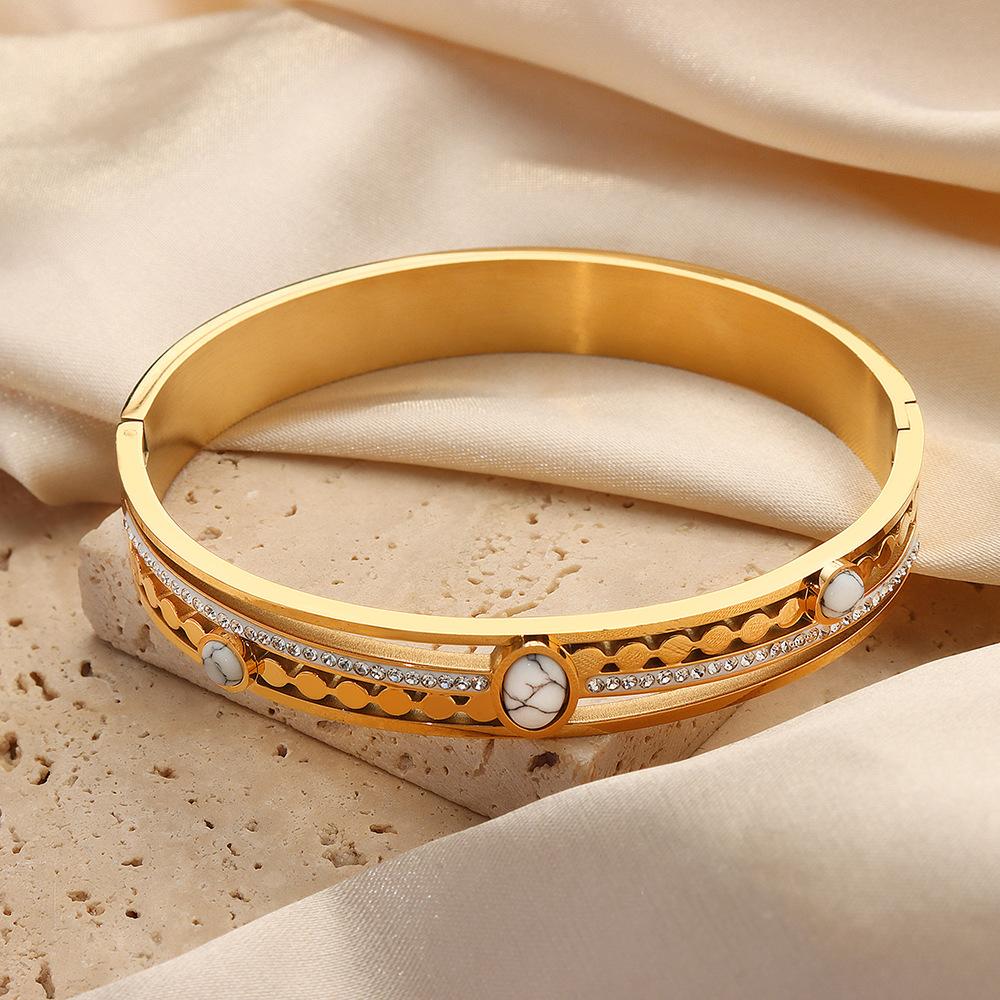 Palace Style Fashion Personality Hollow Titanium Steel Gold Plated Diamond Inlaid Turquoise Bracelet