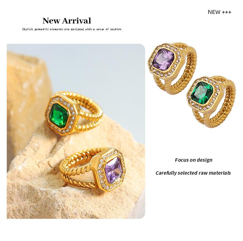 Fashion Personality Ring With Geometric Purple Zircon Green Crystal Stone Jewelry Gold Plated