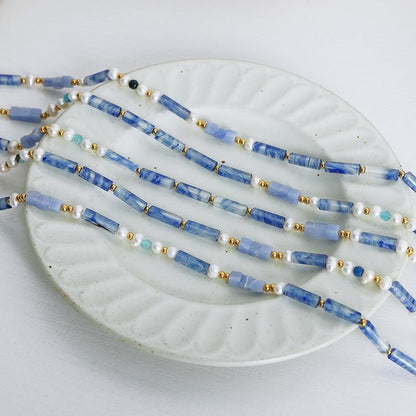 Luxury Palace Style Natural Blue Chalcedony Handmade Beaded Freshwater Pearl Necklace