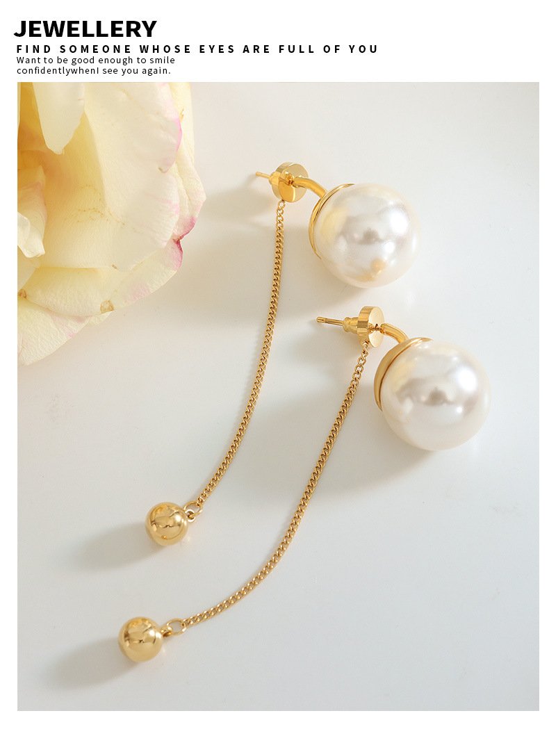 Exaggerated Design Fashion Personality Imitation Pearl White Grey Tassel Earrings Gold Plated Chain Steel Ball Pendant