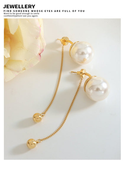 Exaggerated Design Fashion Personality Imitation Pearl White Grey Tassel Earrings Gold Plated Chain Steel Ball Pendant