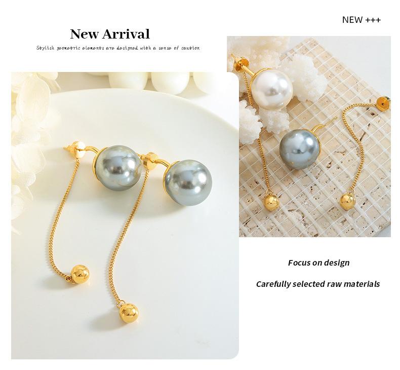 Exaggerated Design Fashion Personality Imitation Pearl White Grey Tassel Earrings Gold Plated Chain Steel Ball Pendant